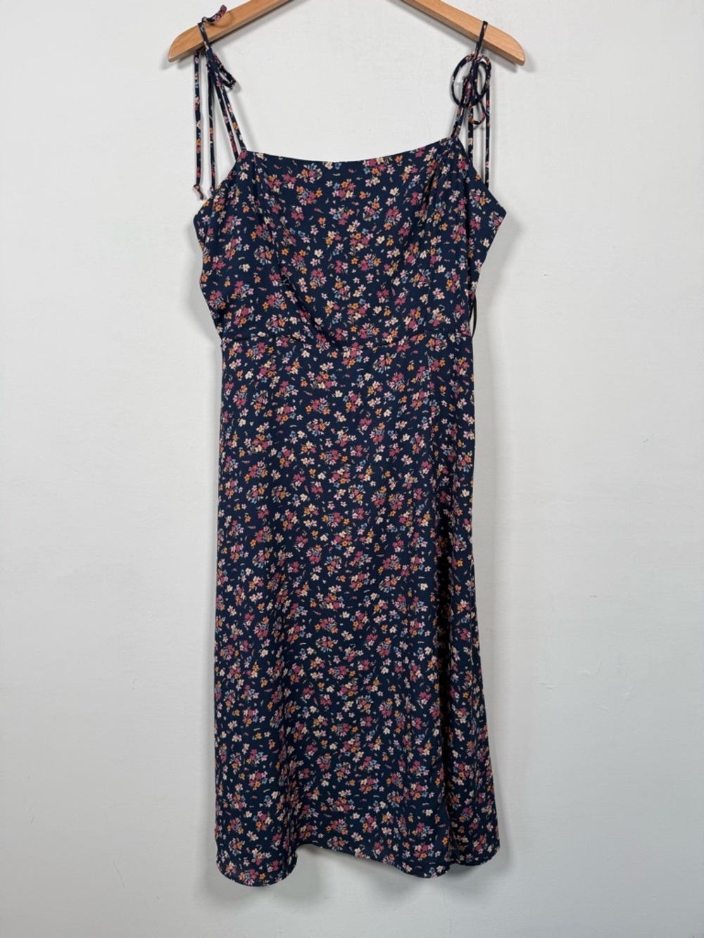 Navy Floral Tie-Strap Midi Dress, Size L, Excellent Condition